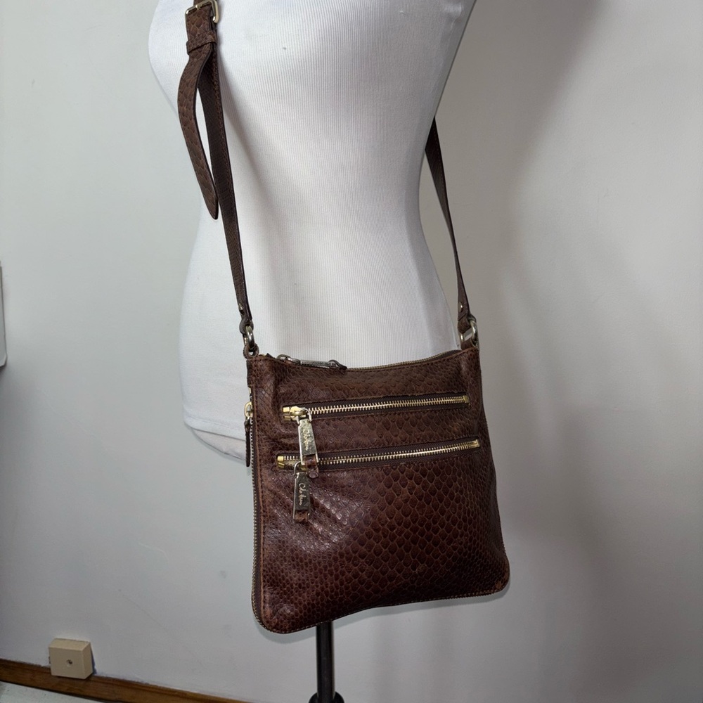 Cole Haan Snake Print Brown Leather Zipper Expandable Adjustable Crossbody Bag